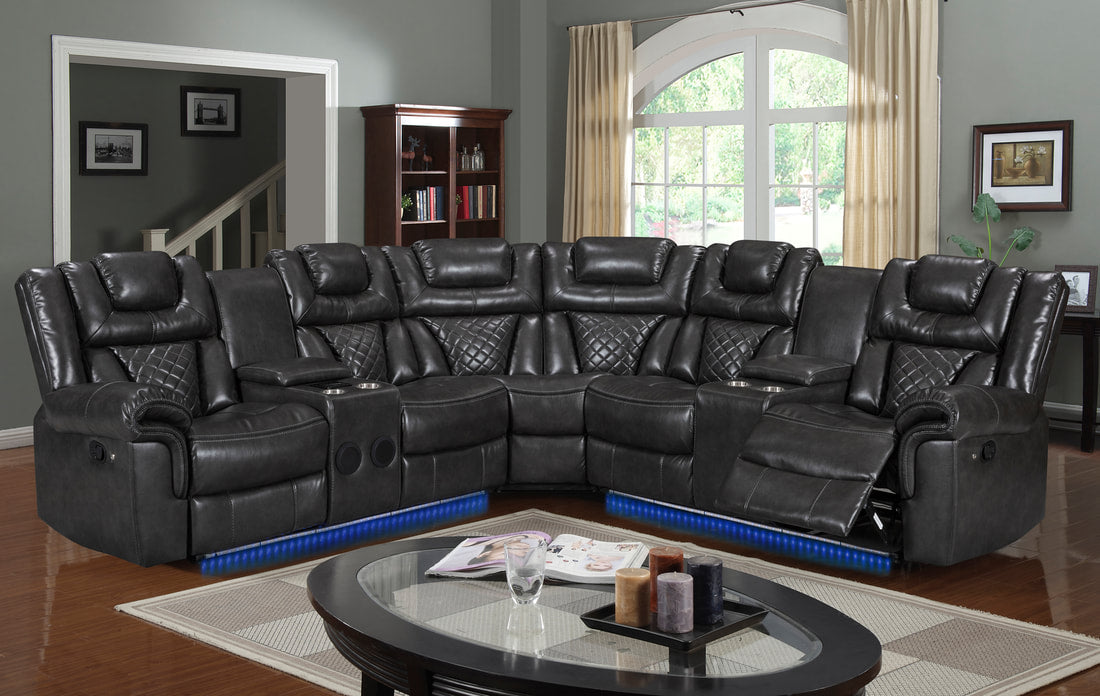 Grey leather sectional with recliners hot sale